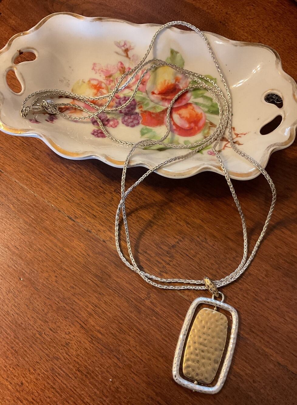 Vintage MW Double Strand Pendant Necklace Silver & Gold Hammered Accents